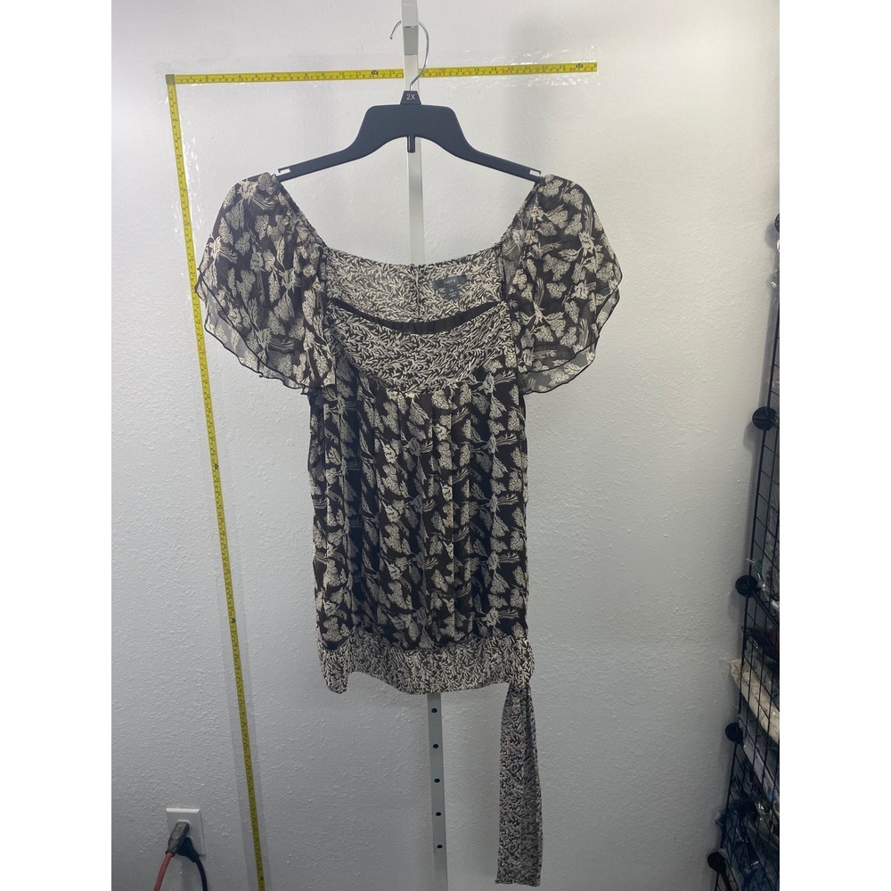 Apt.‎ 9 Brown Floral Chiffon Flutter Sleeve Blouse XL Smocked Hem Square Neck